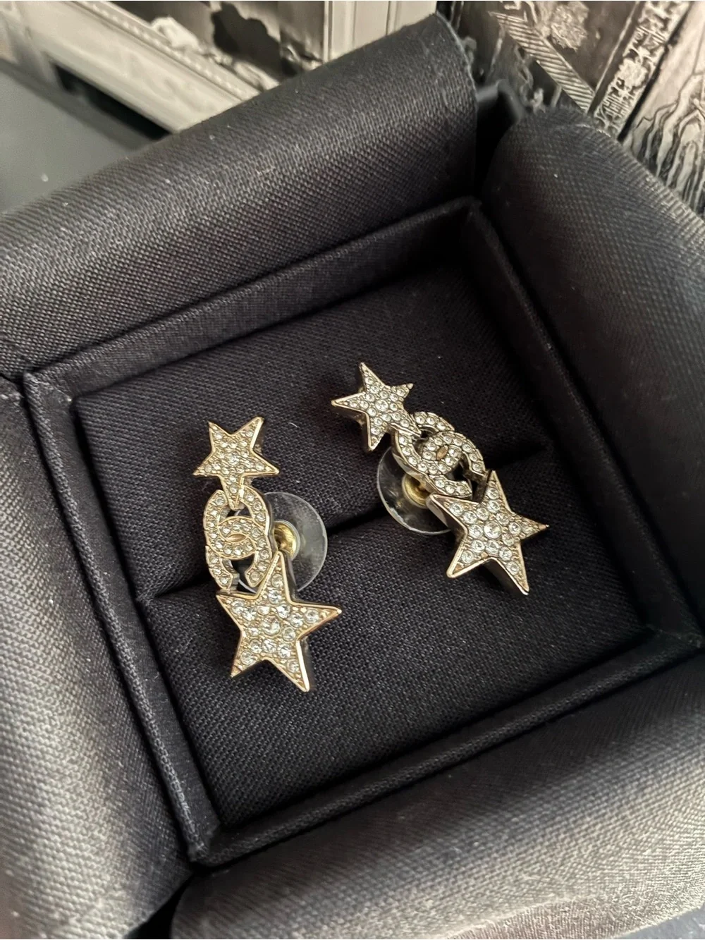 CHANEL Gold Crystal Star Crawler Stud Earrings
